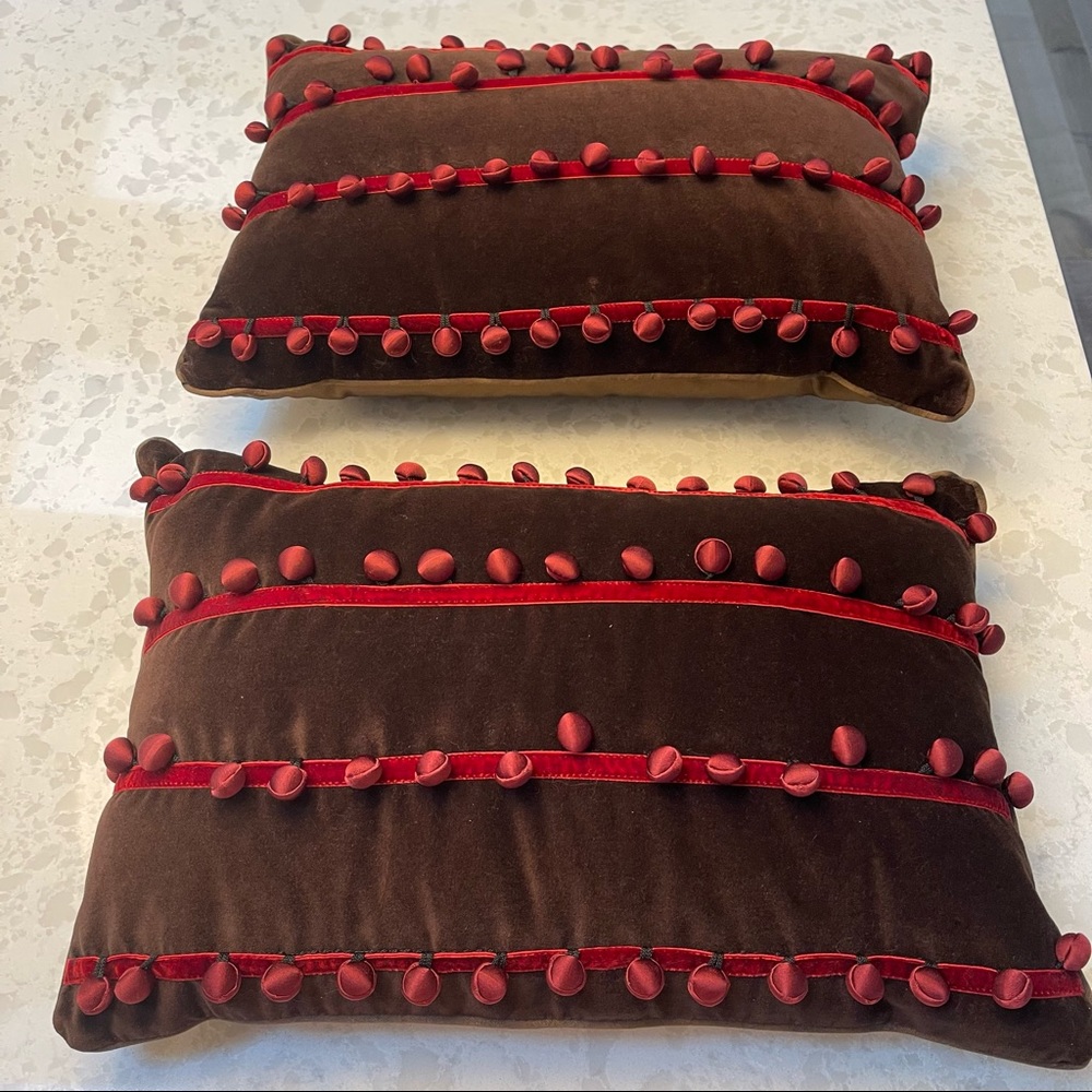 A Pair of Chocolate Velvet with Raspberry Passementerie Down Throw Pillows